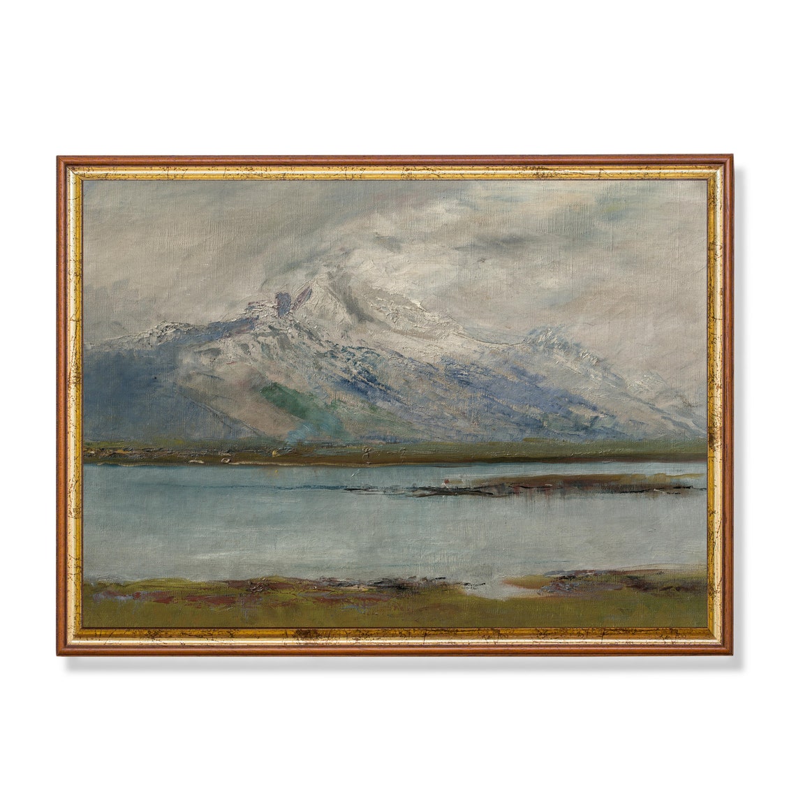 Vintage Mountain Landscape Antique Lake Painting Moody Rustic Fine Art Wall Art Oil Painting Print