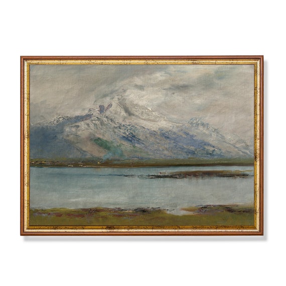 Vintage Mountain Landscape Antique Lake Painting Moody Rustic Fine Art Wall Art Oil Painting Print