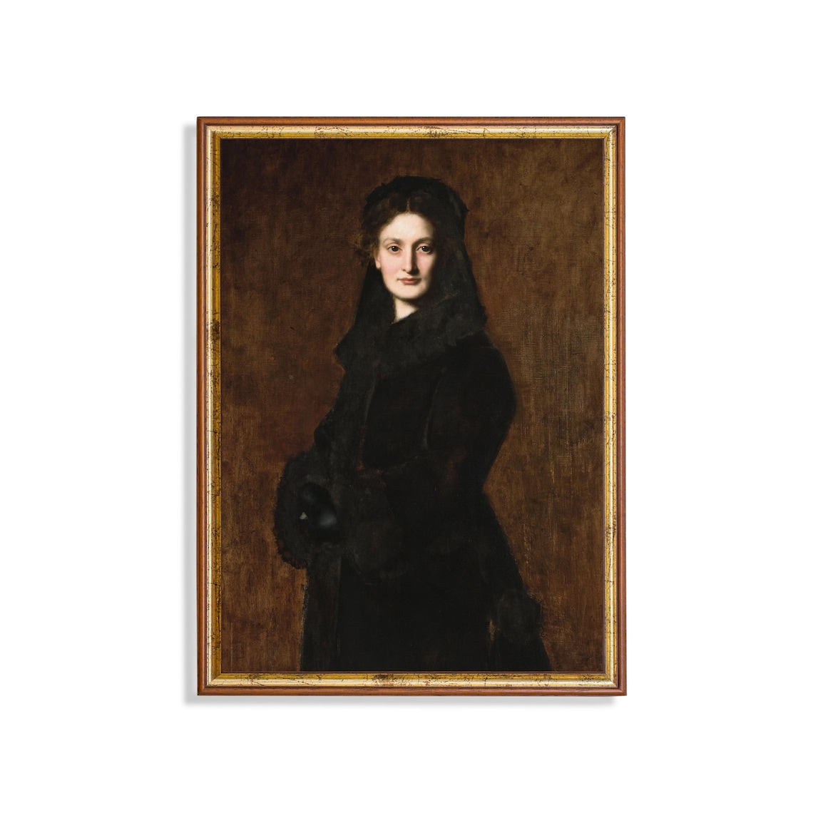 Victorian Woman in Black Fur Elegant Mourning Portrait Oil Painting Poster