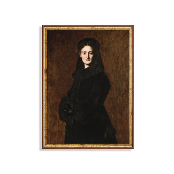 Victorian Woman in Black Fur Elegant Mourning Portrait Oil Painting Poster