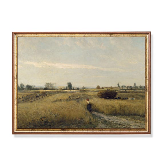 Printed And Shipped Vintage Landscape Painting Country Landscape Antique Harvesting Print Rustic Moody Artwork Physical Prints