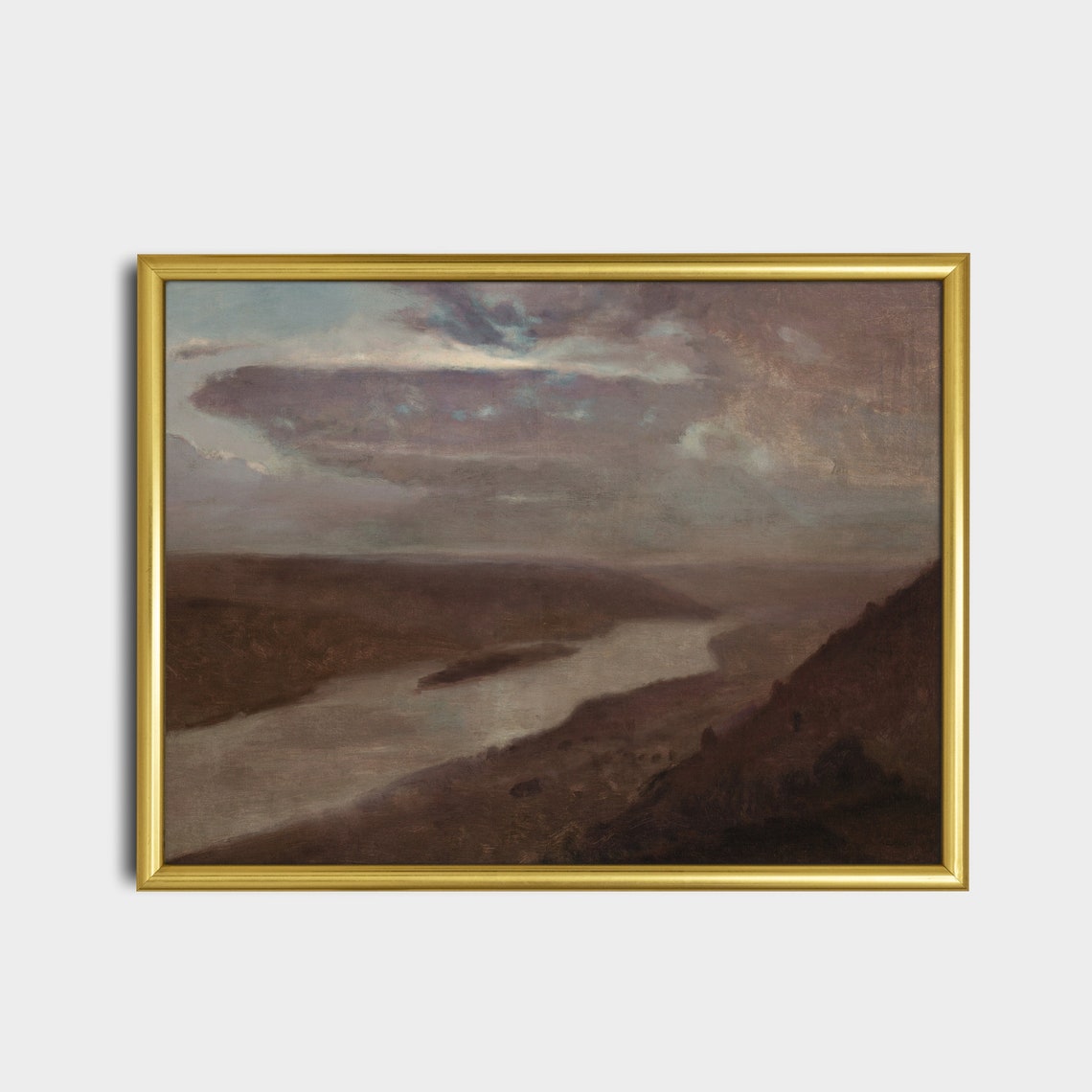 Moody River Valley at Dusk Under Heavy Clouds Tonalist Painting Poster - Image 2