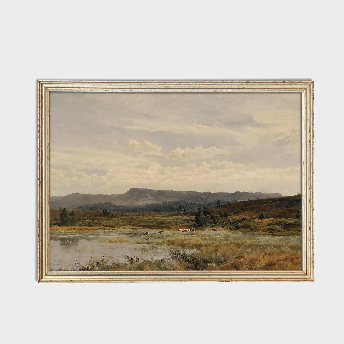 Marshland Pond with Distant Hills Antique Landscape Painting Poster - Image 2