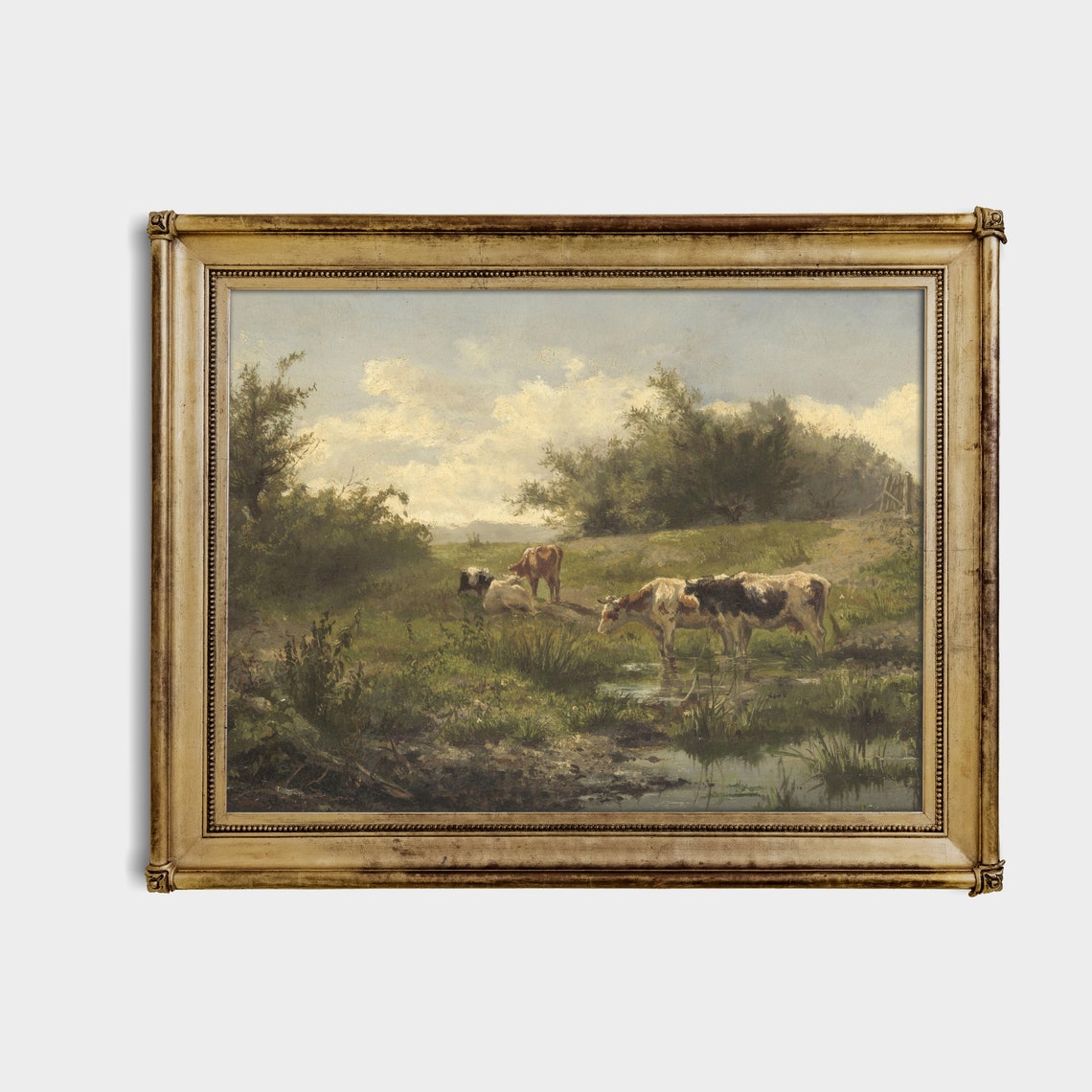 Cows Drinking from a Pond in a Sunny Meadow Vintage Oil Poster - Image 4