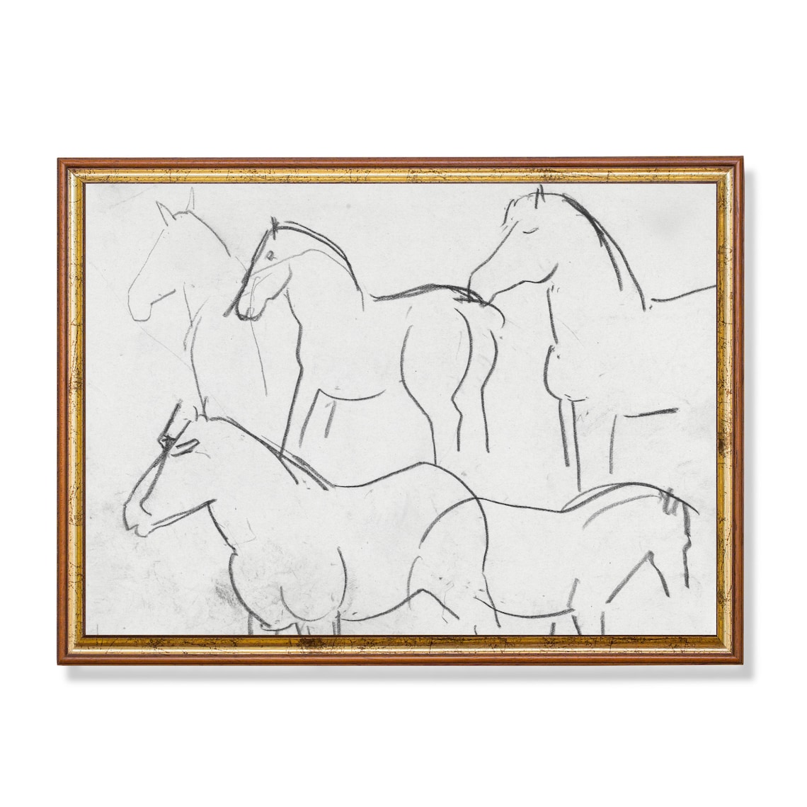 Vintage Sketch Drawing Five Horses Study, Line Art