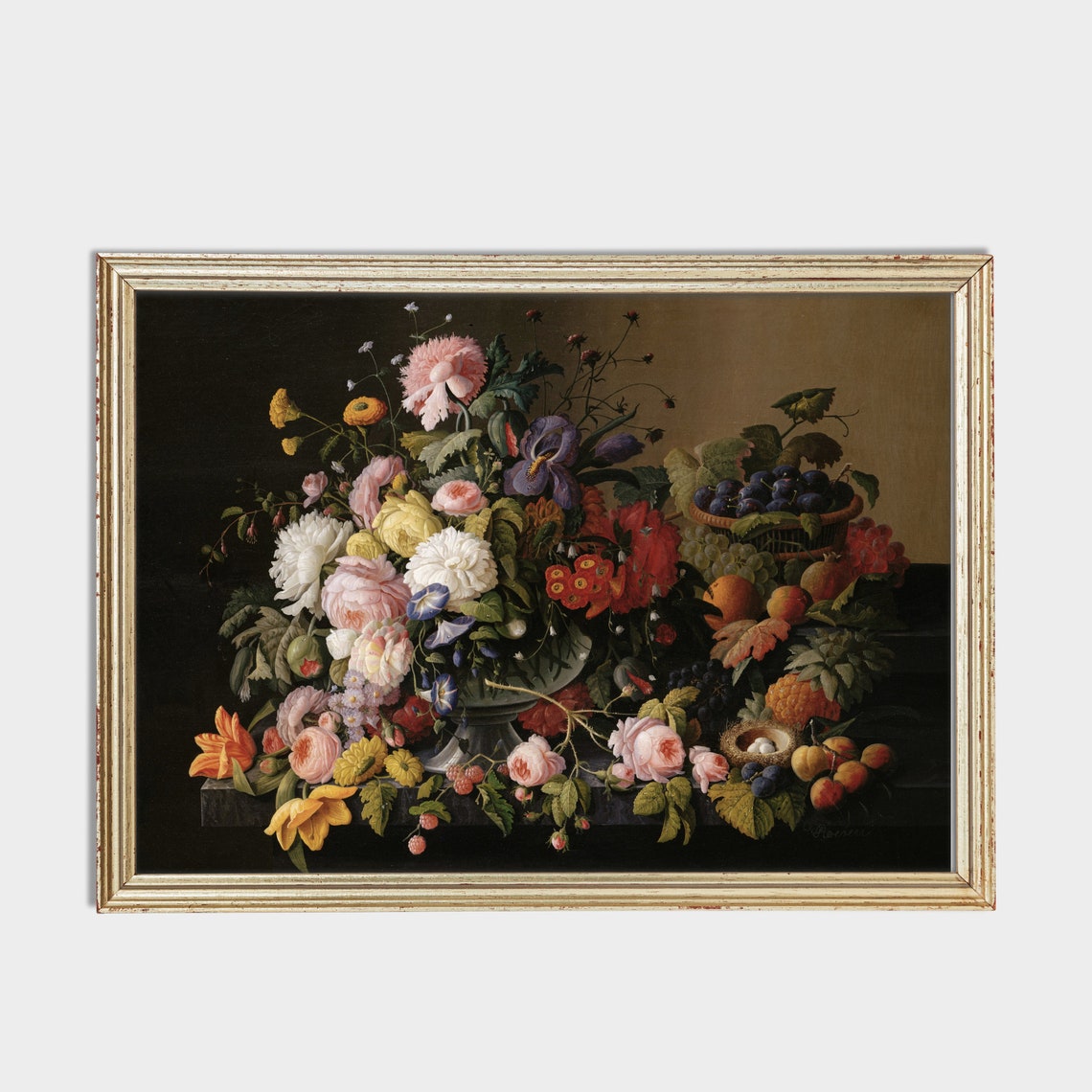Grand Flower Urn with Fruit and Bird Nest Antique Still Life Poster - Image 3