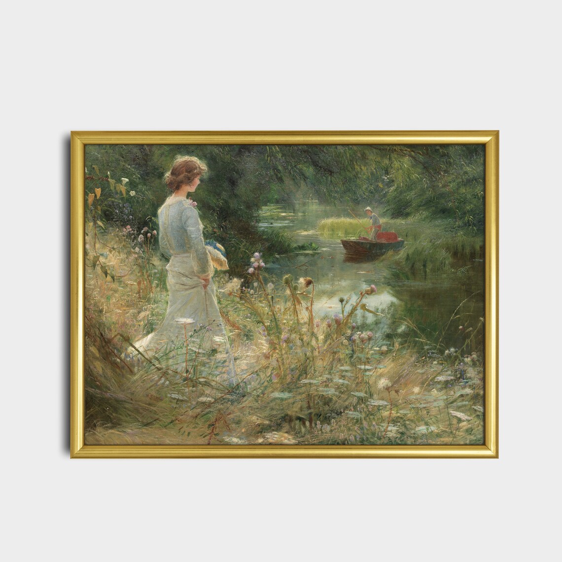 Woman in White Gown by a Flowering Riverbank Romantic Painting Poster - Image 5