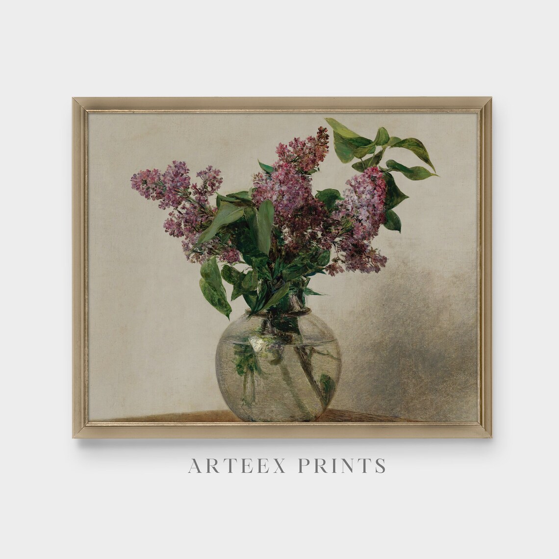 Purple Lilacs in a Glass Vase on a Pale Ground Floral Still Life Print - Image 4