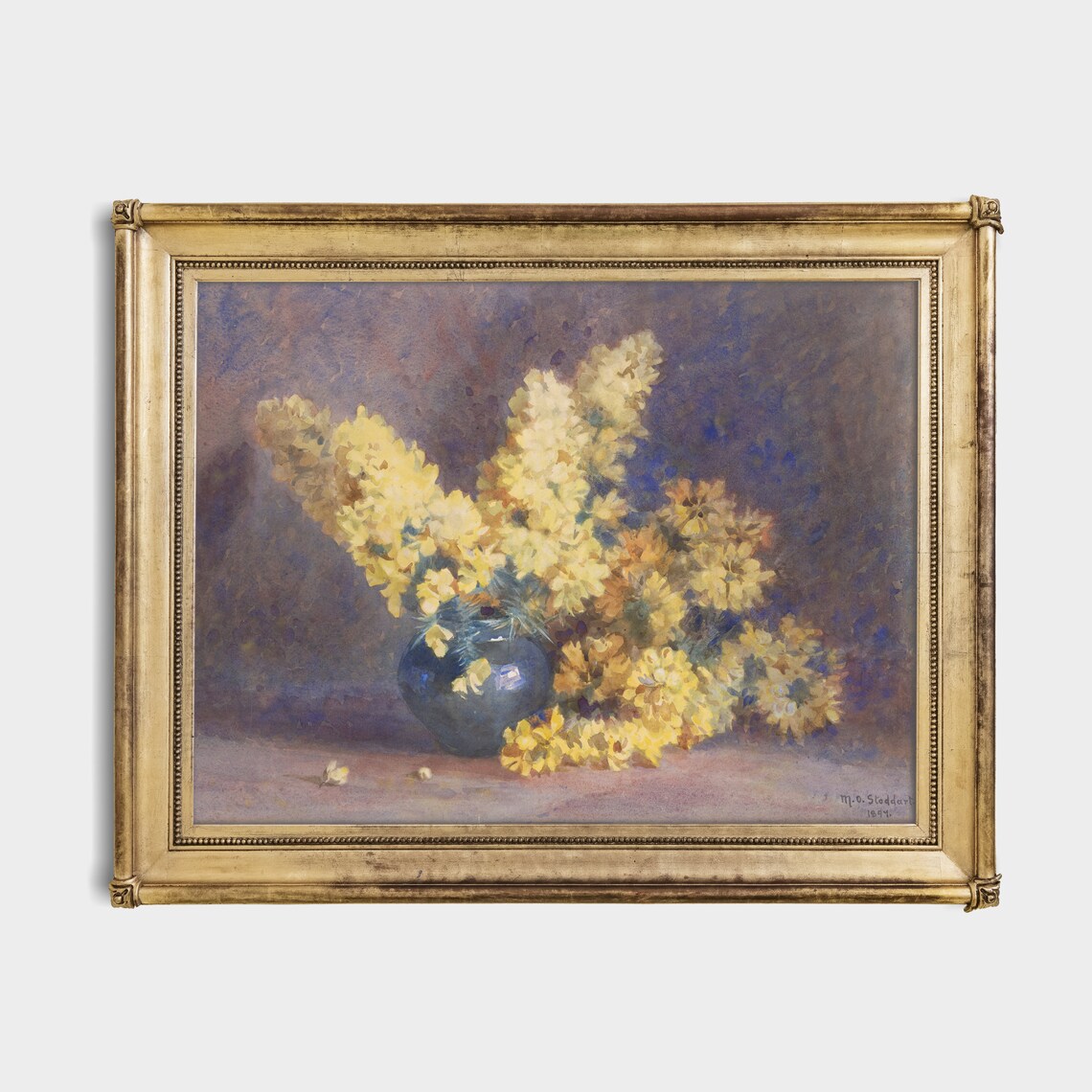 Golden Yellow Blossoms in a Blue Vase Floral Still Life Poster - Image 2