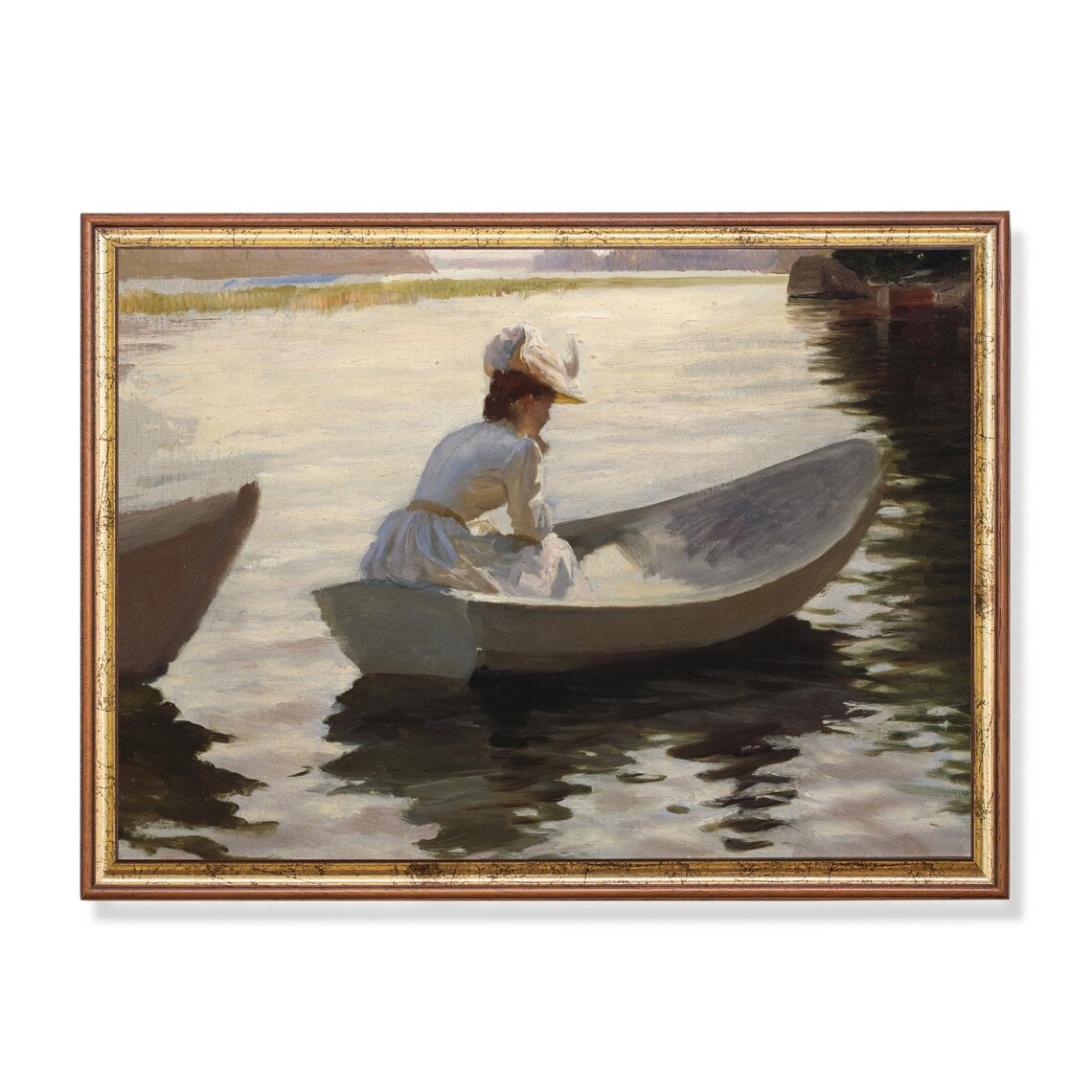 Woman in White Seated in a Rowboat on Still Water Vintage Poster
