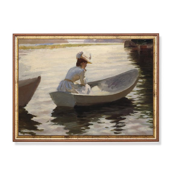 Mailed Print Vintage Portrait Painting Woman In Boat Antique Woman Portrait Print And Ship Moody Rustic Print 18th Century Art