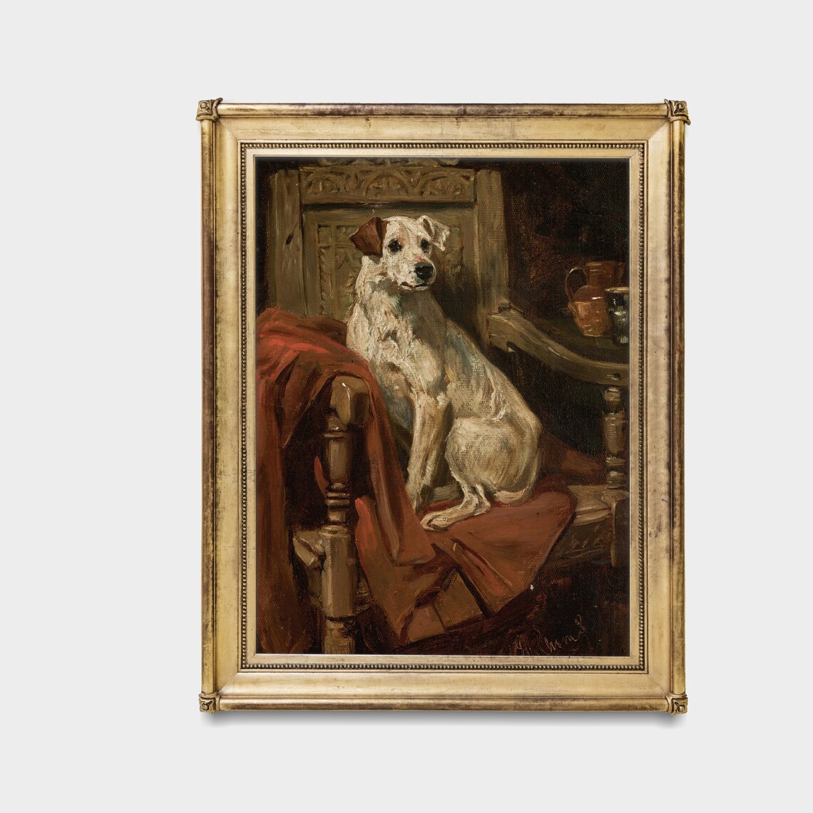 White Terrier Sitting On Carved Wooden Chair Vintage Dog Poster - Image 3