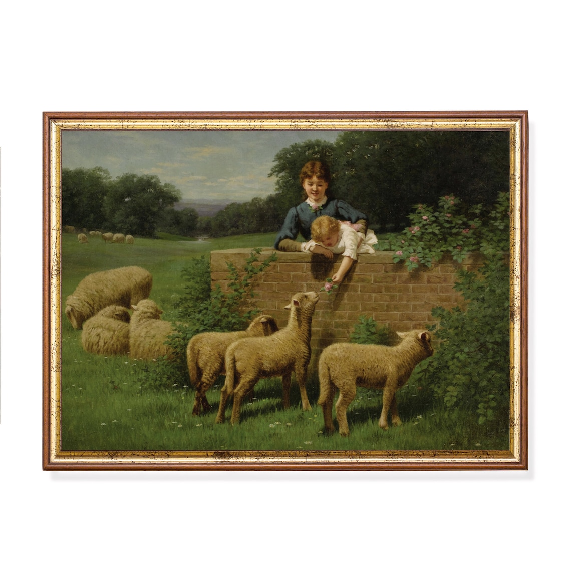 Two Girls Feeding Lambs Over a Brick Wall Pastoral Vintage Poster