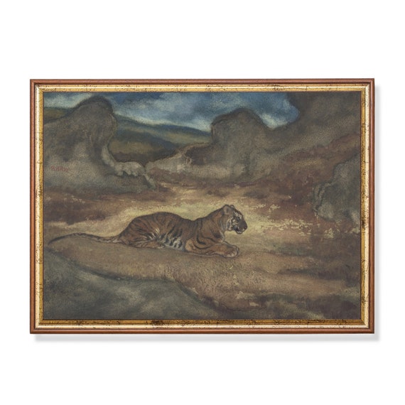 Printed And Shipped Tiger Painting Vintage Animal Print Moody Rustic Art Tiger In Landscape Farmhouse Decor Animal Lover Gift