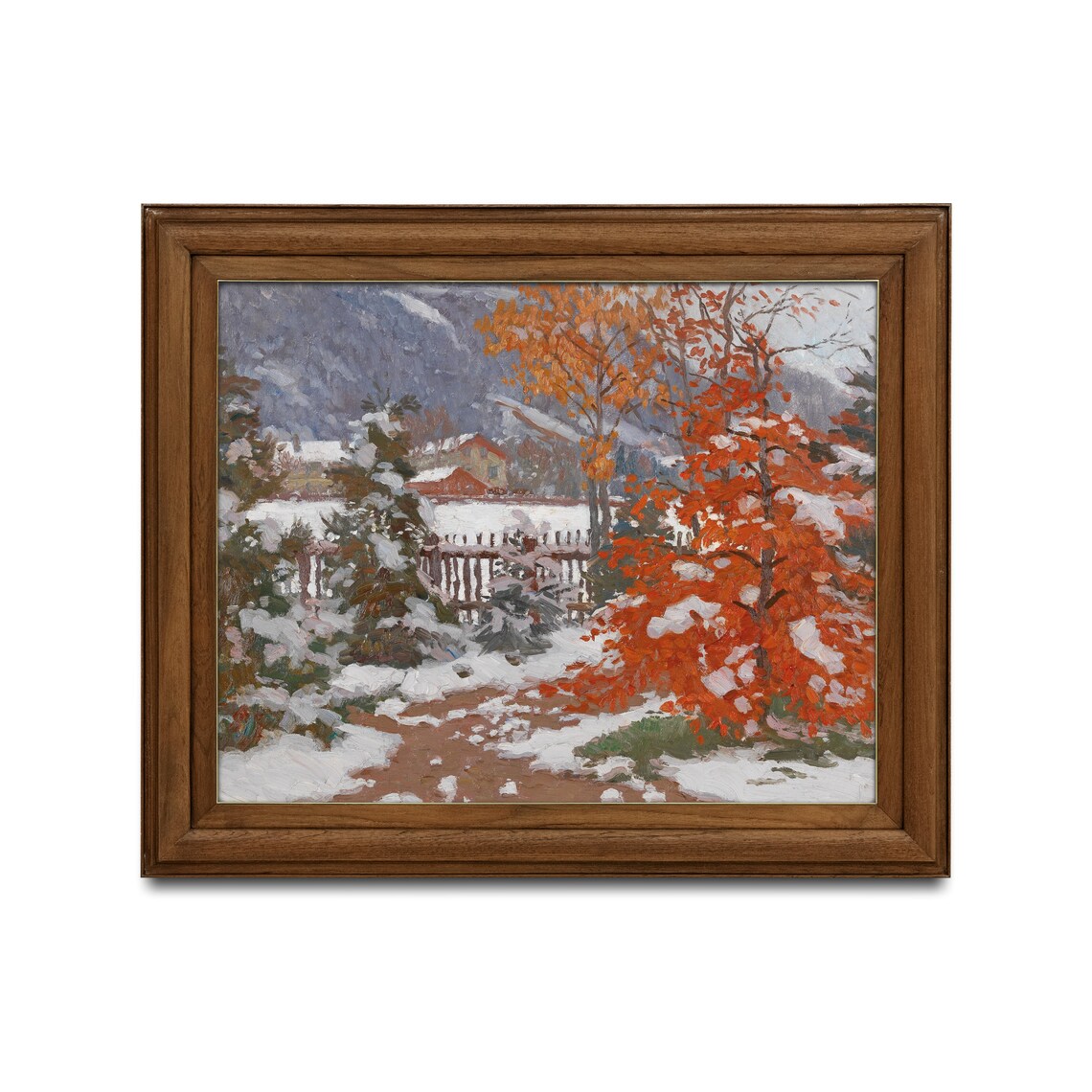 Orange Autumn Trees in Snowy Garden Vintage Winter Painting Art Poster - Image 2