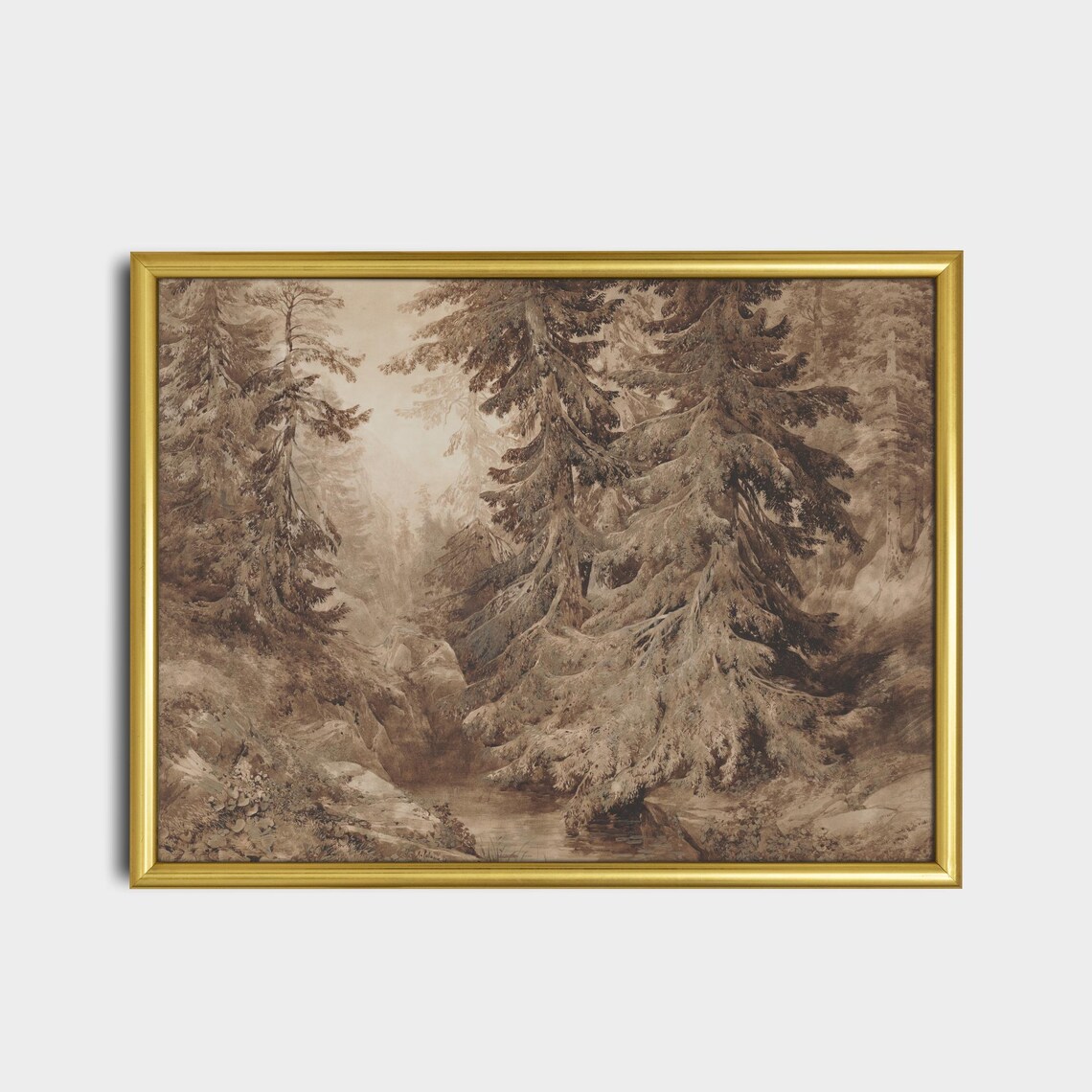 Towering Pines Along a Mountain Stream Vintage Sepia Drawing Poster - Image 2