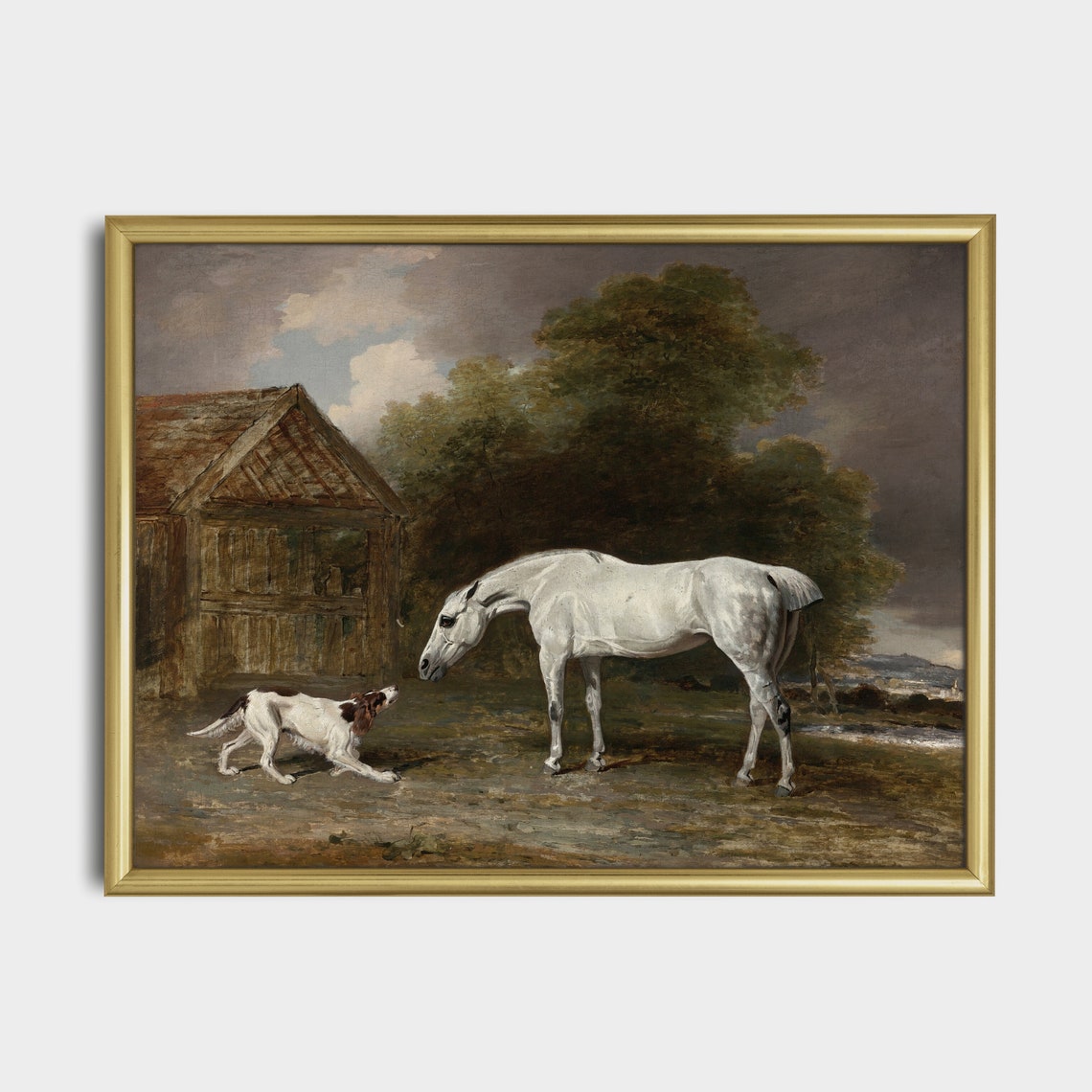 White Horse and Playful Hound by a Rustic Barn Vintage Oil Poster - Image 3