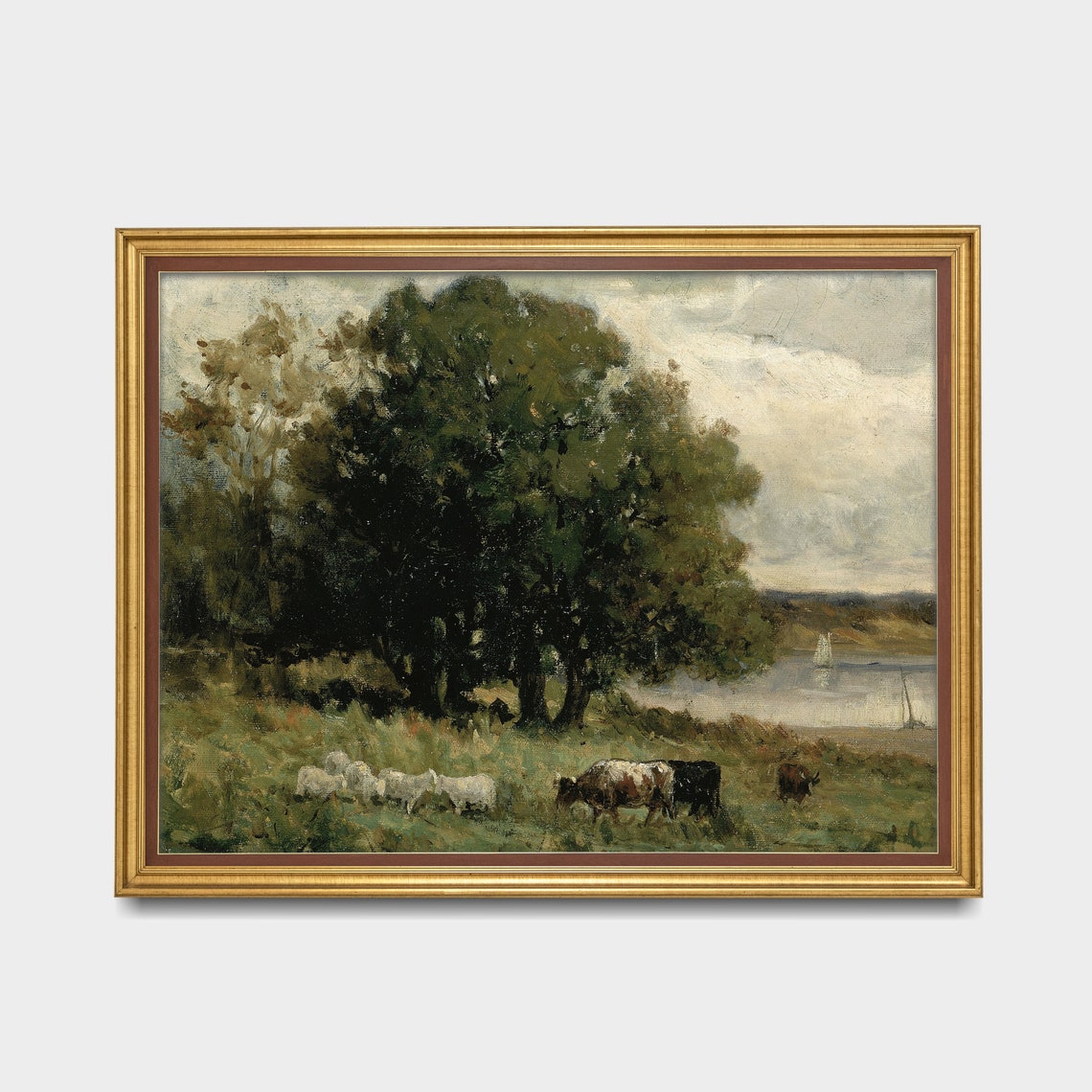 Sheep and Cows Grazing by Calm Riverside Vintage Pastoral Art Poster - Image 3