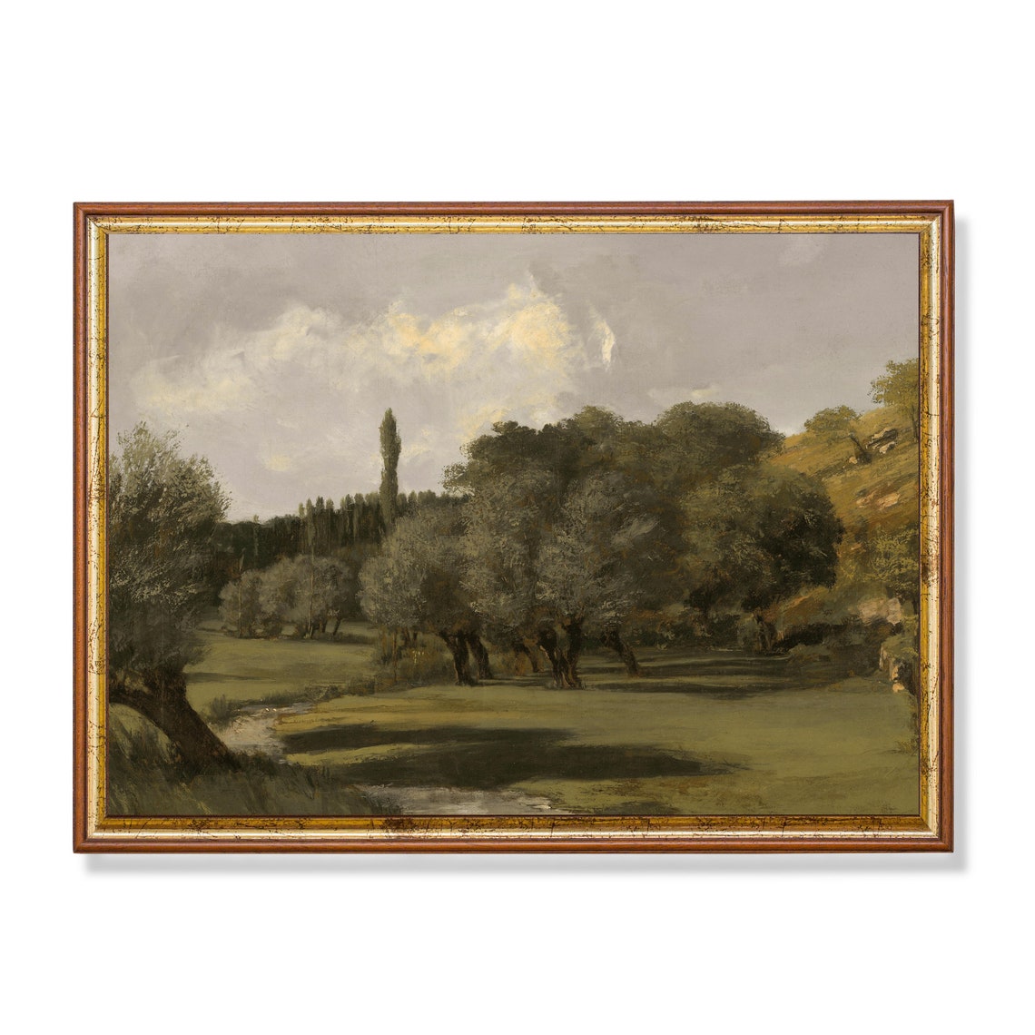 Green Meadow Stream with Oak Trees Antique Pastoral Art Poster