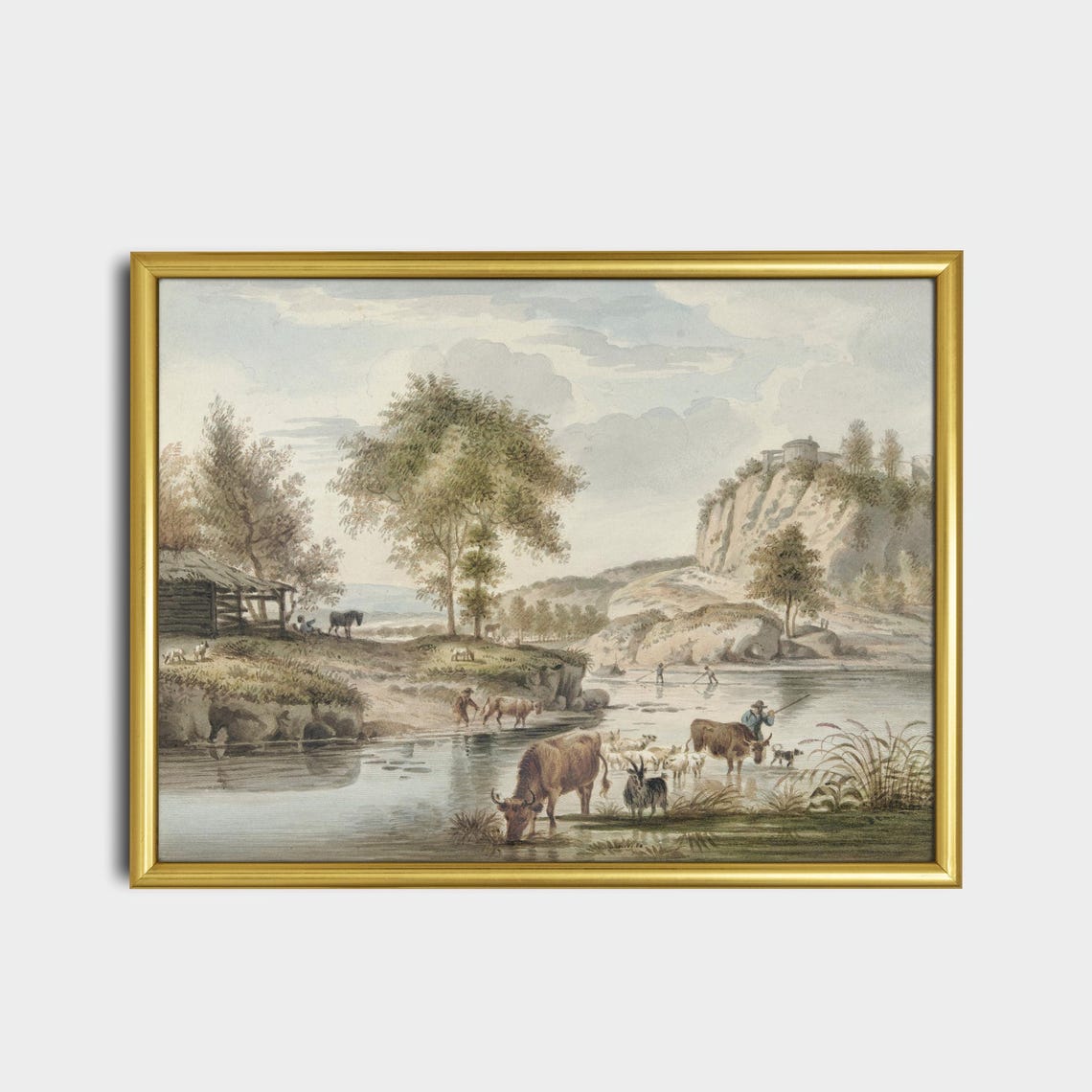 Cattle Watering at River Beneath Cliffs Pastoral Landscape Poster - Image 3