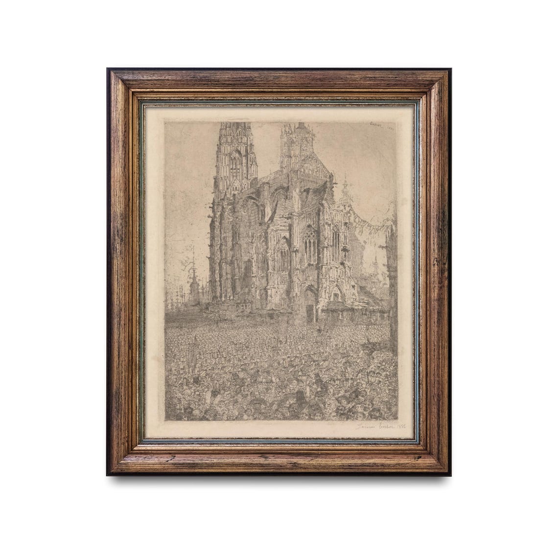 Antique Etching of a Gothic Cathedral with a Crowd Below Poster - Image 2
