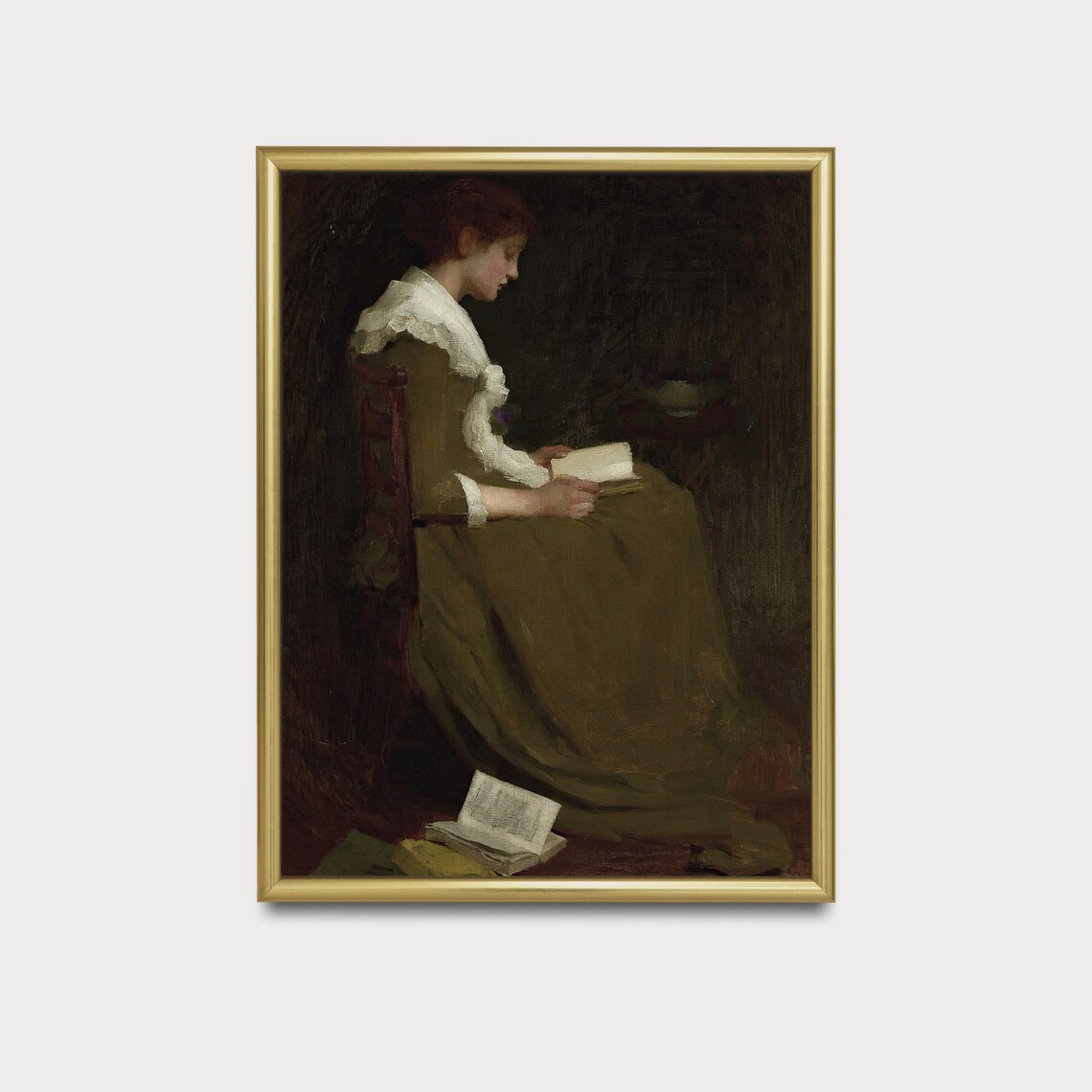 Woman in Green Dress Reading with Books Piled at Her Feet Poster - Image 5