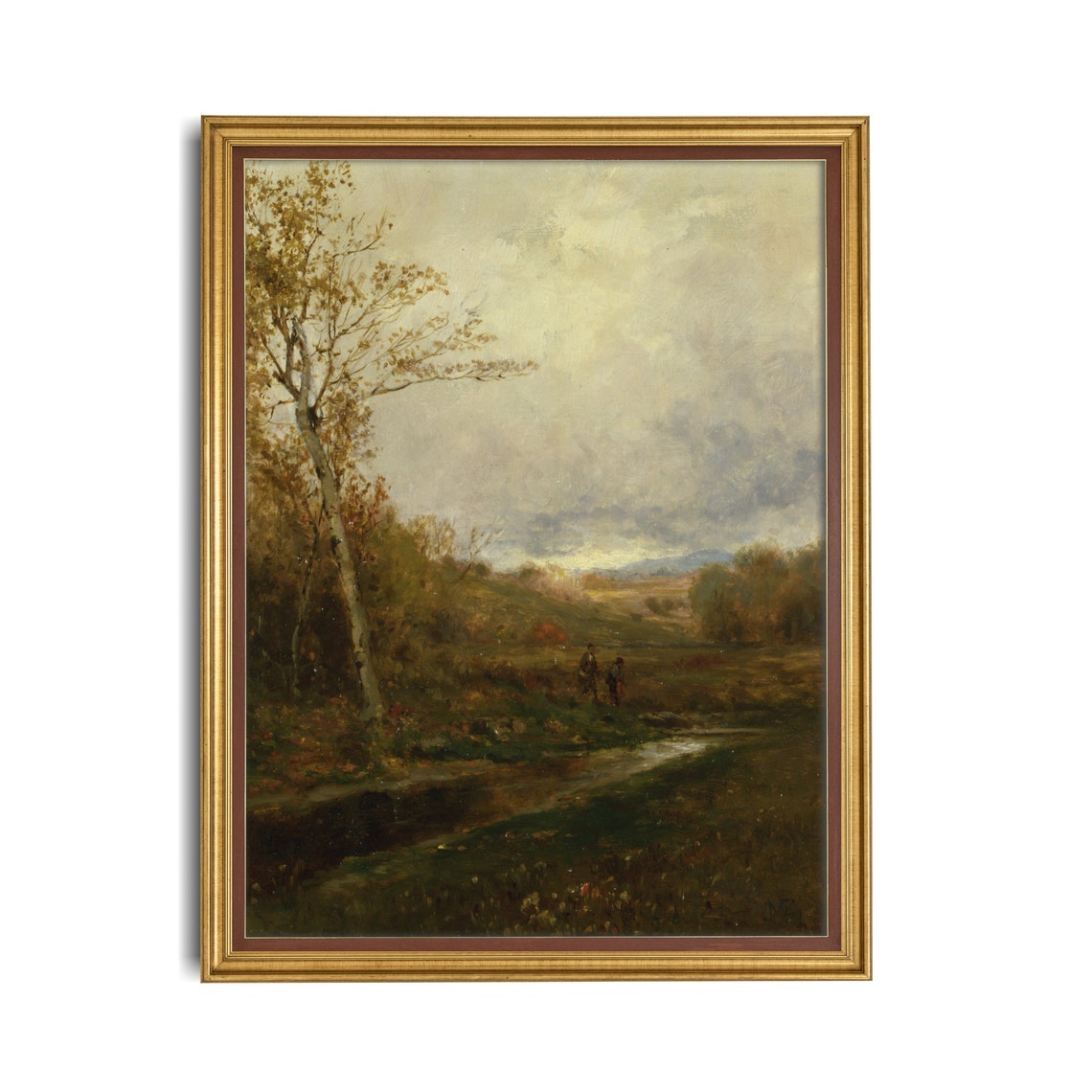 Moody Autumn Stream Birch Trees Two Figures Vintage Landscape Poster - Image 2