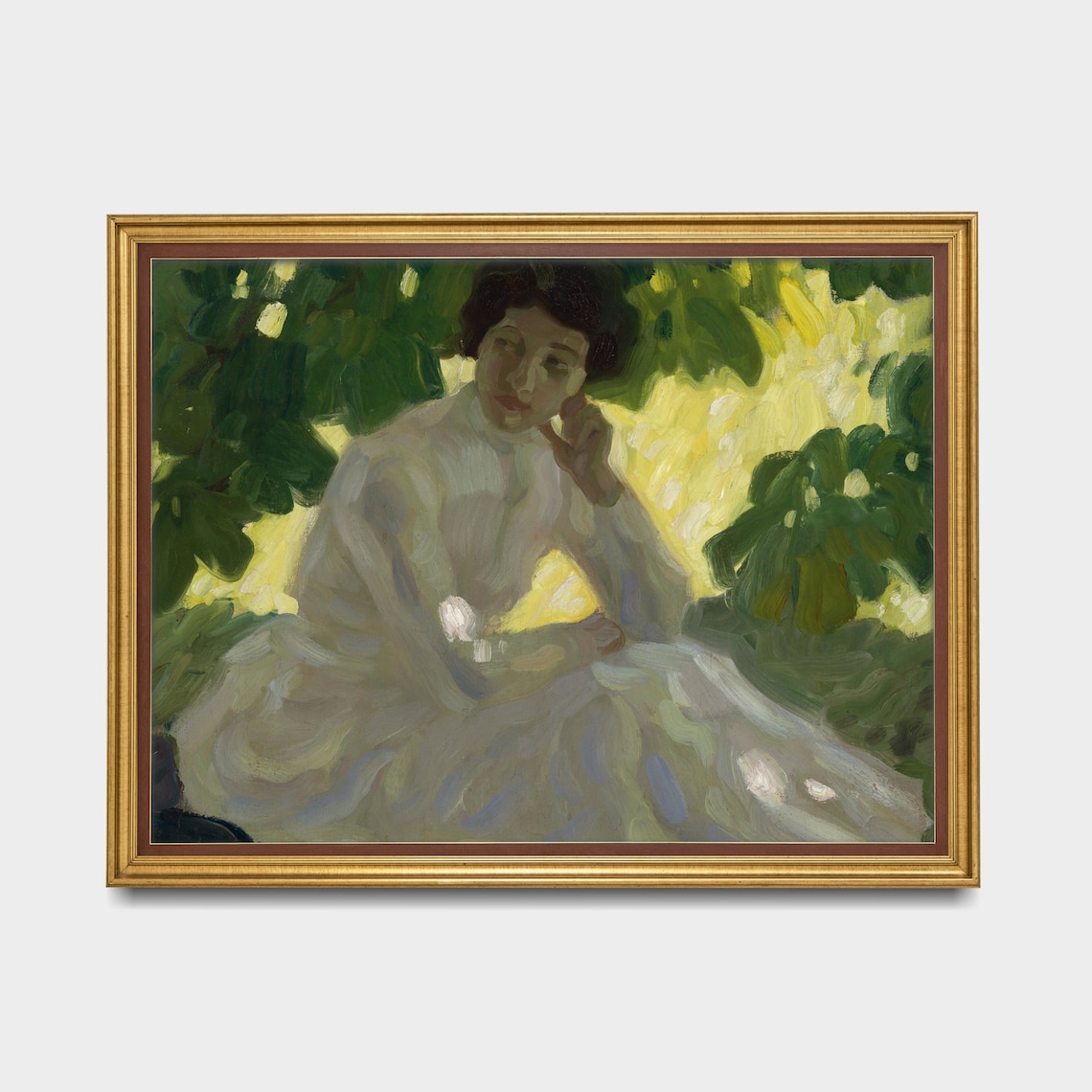Woman in White Seated in Dappled Summer Garden Shade Art Poster - Image 3