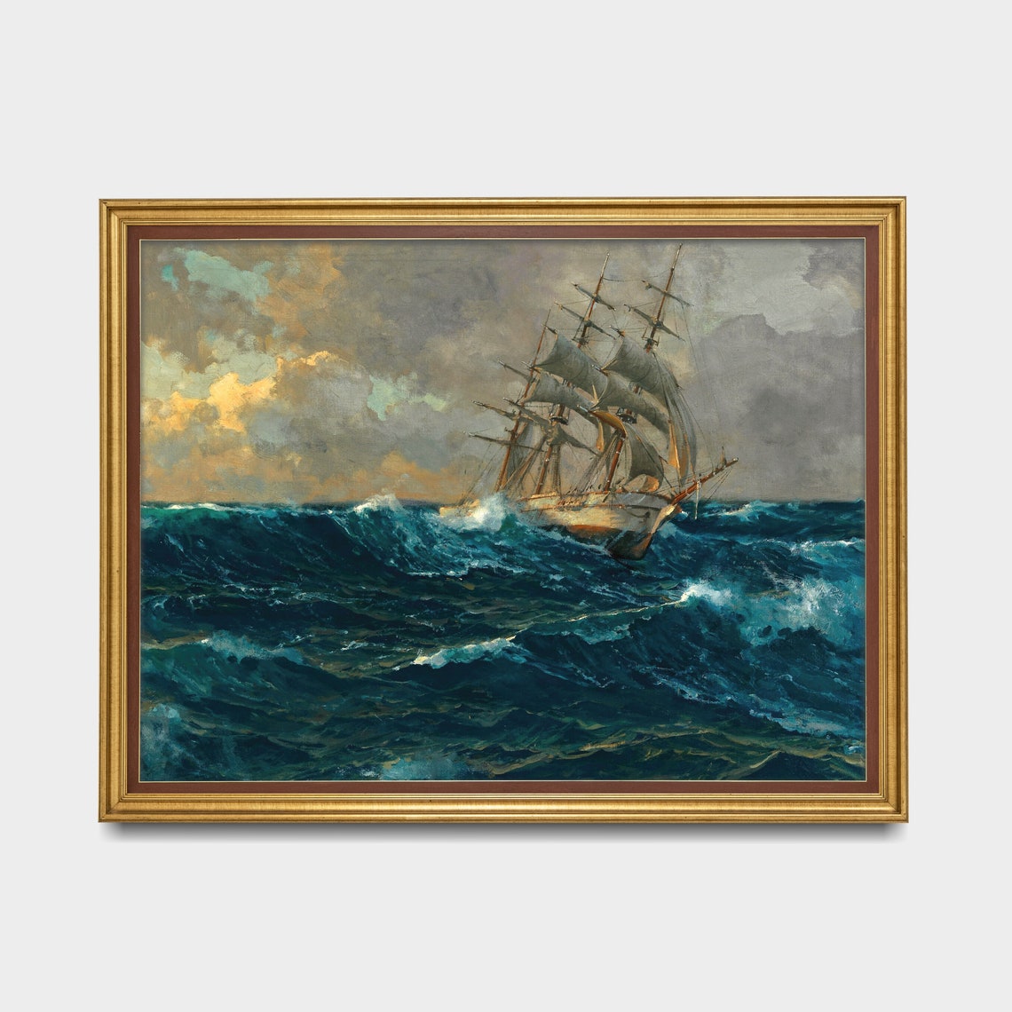 Sailing Ship Battling Stormy Waves Dramatic Ocean Painting Poster - Image 5