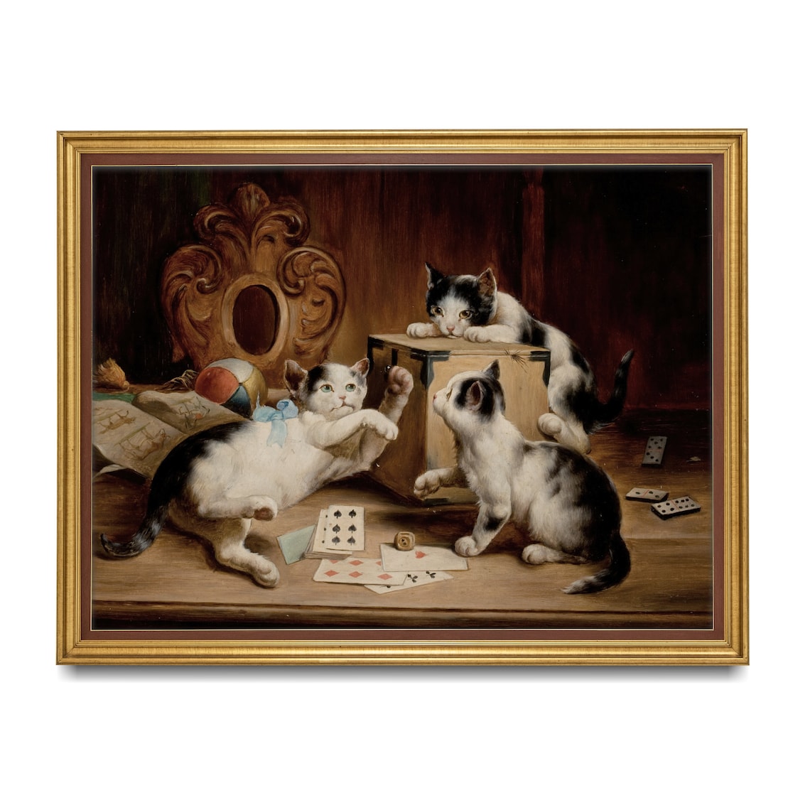 Three Kittens Playing Cards Dominoes Dice Vintage Whimsical Cat Art Poster - Image 5