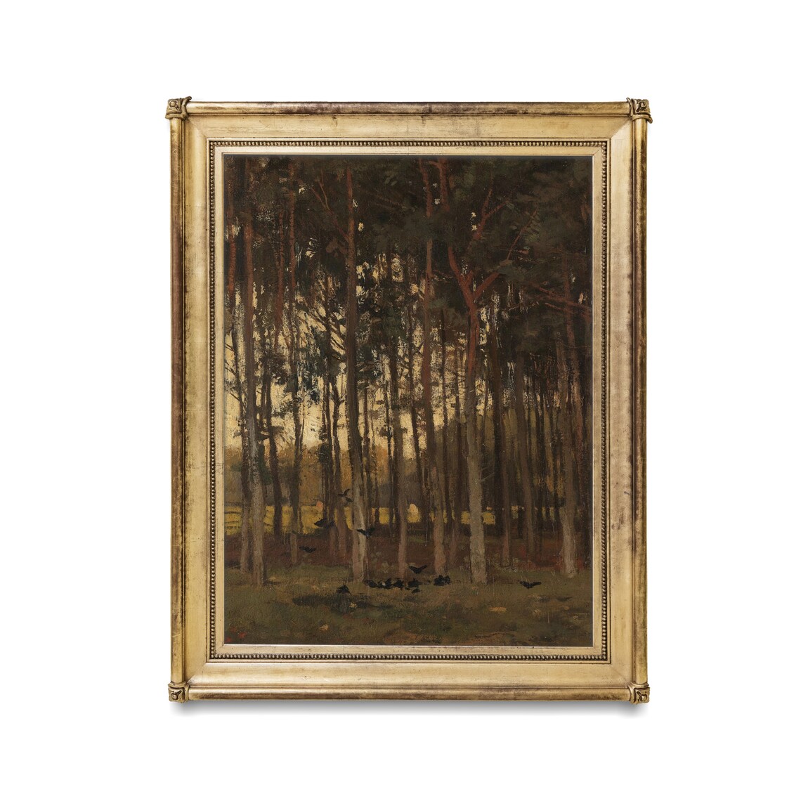 Dark Pine Wood with Birds at Dusk Antique Forest Painting Poster - Image 2