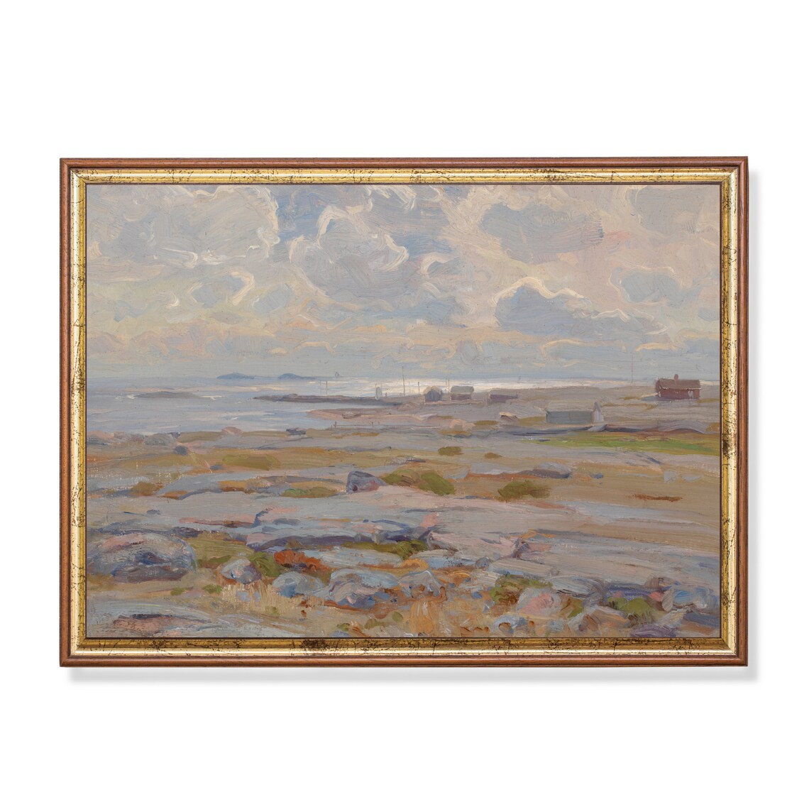 Rocky Coastal Shore With a Red Cabin Overlooking the Calm Sea Poster