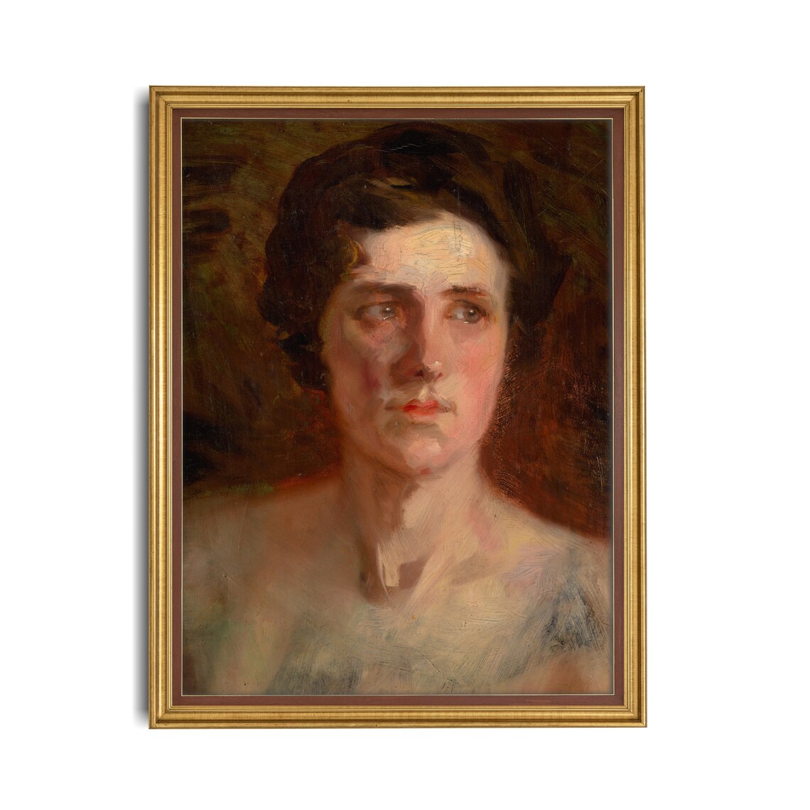 Dark-Haired Woman Glancing Aside Moody Painterly Portrait Poster - Image 2