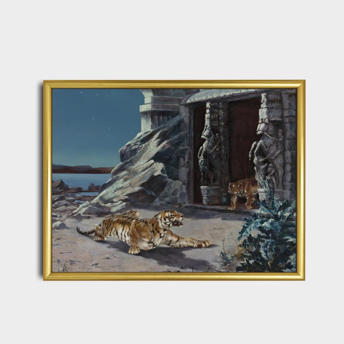 Two Tigers Prowling at an Ancient Temple by Moonlight Poster - Image 2