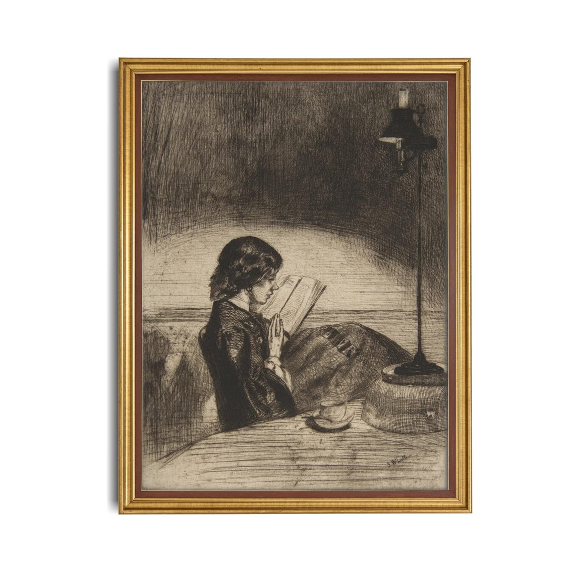 Woman Reading by Lamplight at Night Antique Style Etching Poster - Image 4