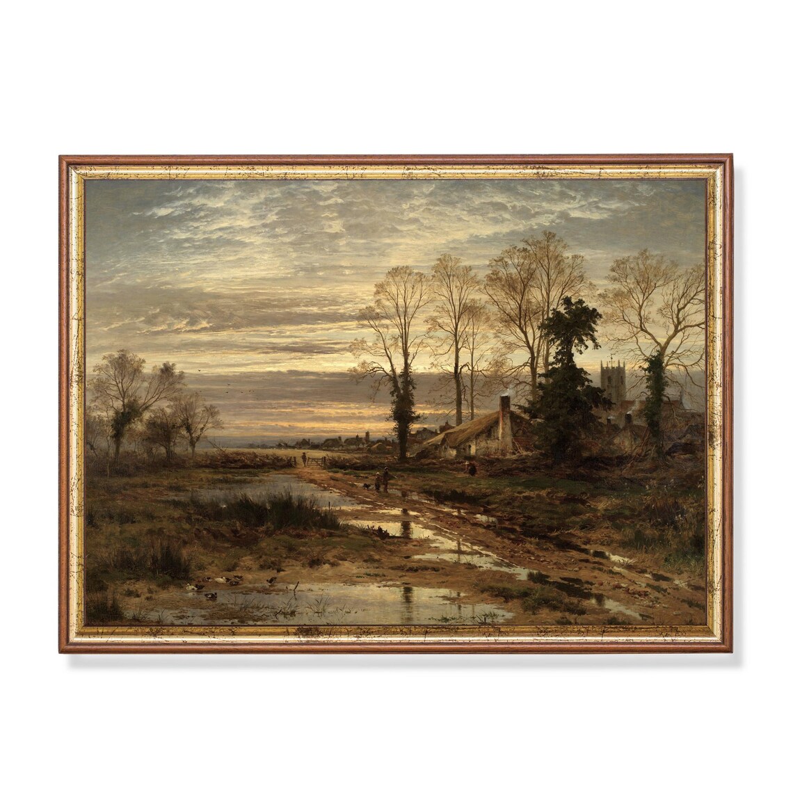 Village at Dusk with Pond and Church Tower Vintage Art Poster