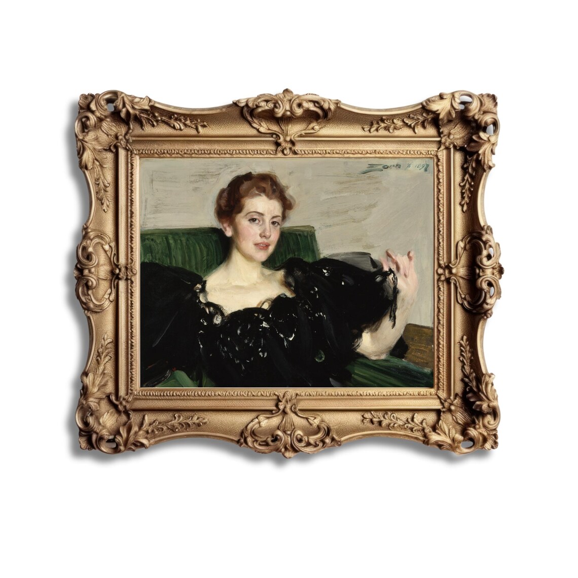 Elegant Lady in Black Dress Seated Classic Portrait Painting Poster - Image 2