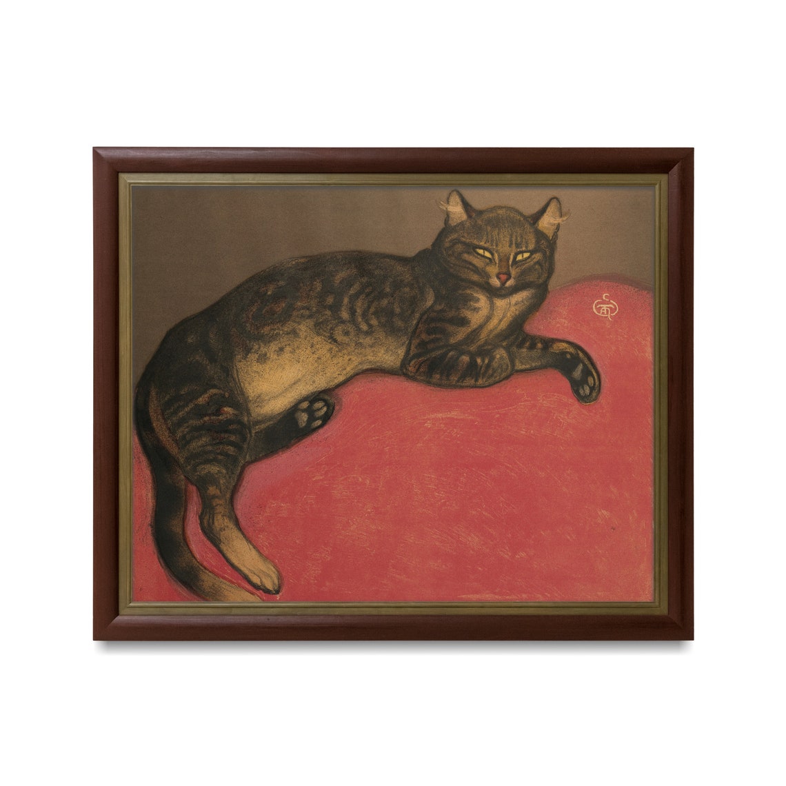 Tabby Cat Lounging on Red Cushion Vintage Pet Portrait Poster - Image 3