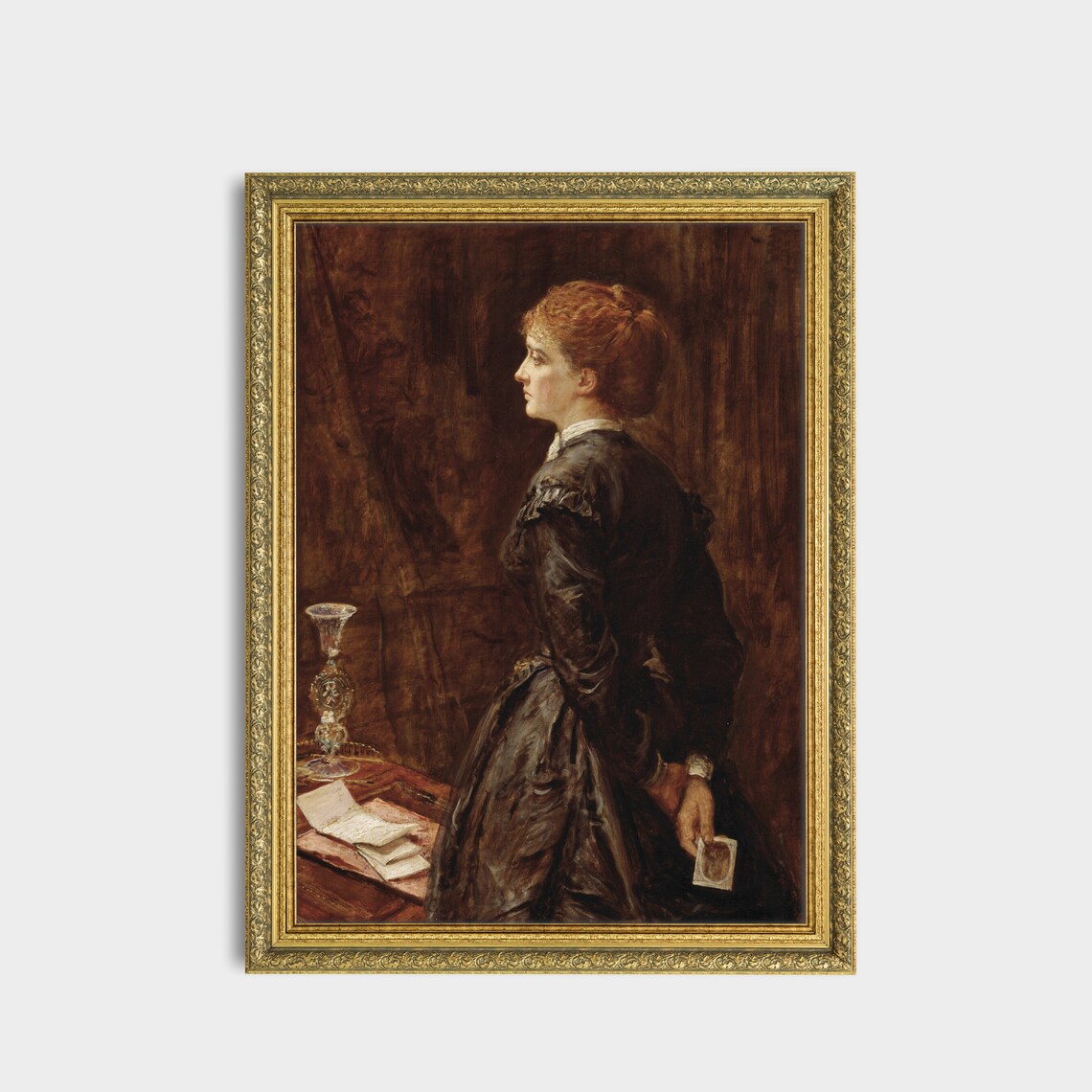Victorian Redhead Woman Profile Antique Dark Portrait Oil Painting Poster - Image 2