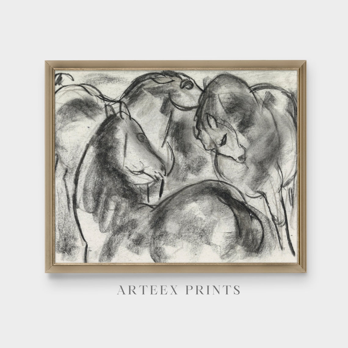 Three Horses Charcoal Sketch Heads Antique Equestrian Study Poster - Image 3