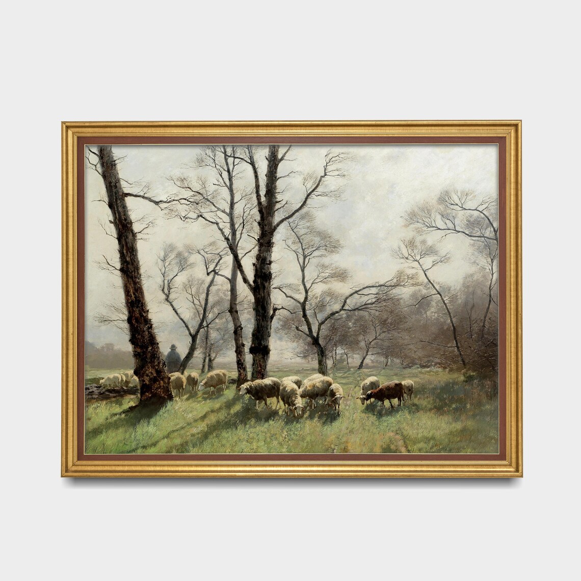 Shepherd with Flock of Sheep in Misty Morning Field Vintage Art Poster - Image 3