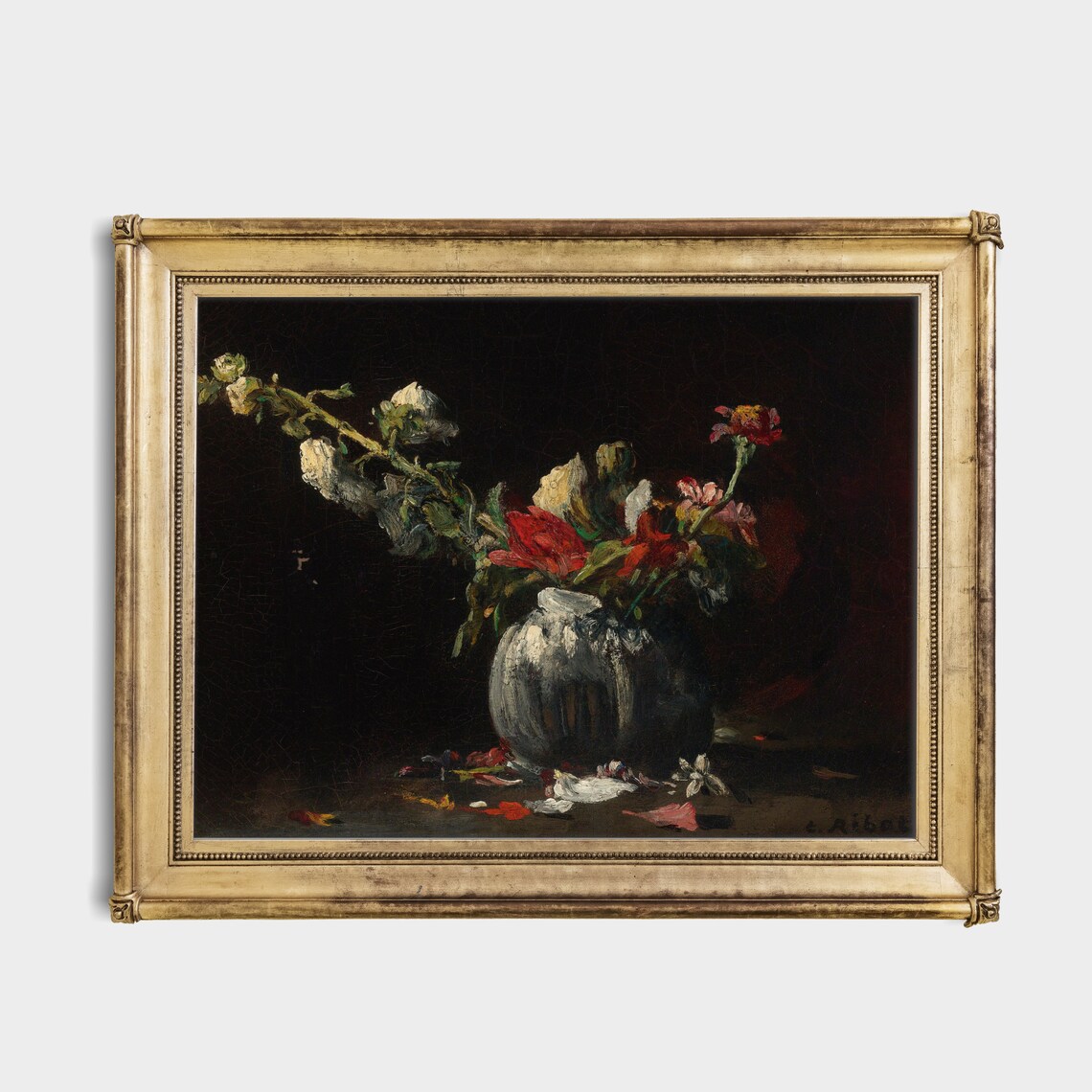 White Vase With Red And White Flowers On Black Still Life Poster - Image 3