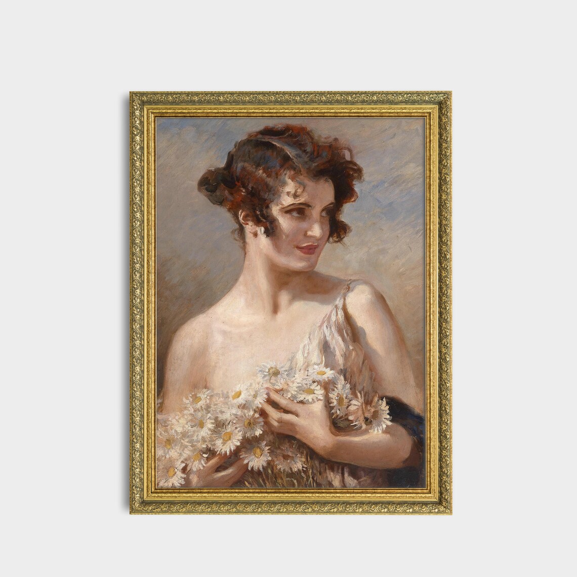 Woman Holding a Bouquet of White Daisies Vintage Portrait Poster - Image 3