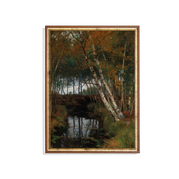 Printed And Shipped Vintage Landscape Print Tranquil Scene With Stream And Birches Rustic Moody Wall Art Nature Inspired Home Decor