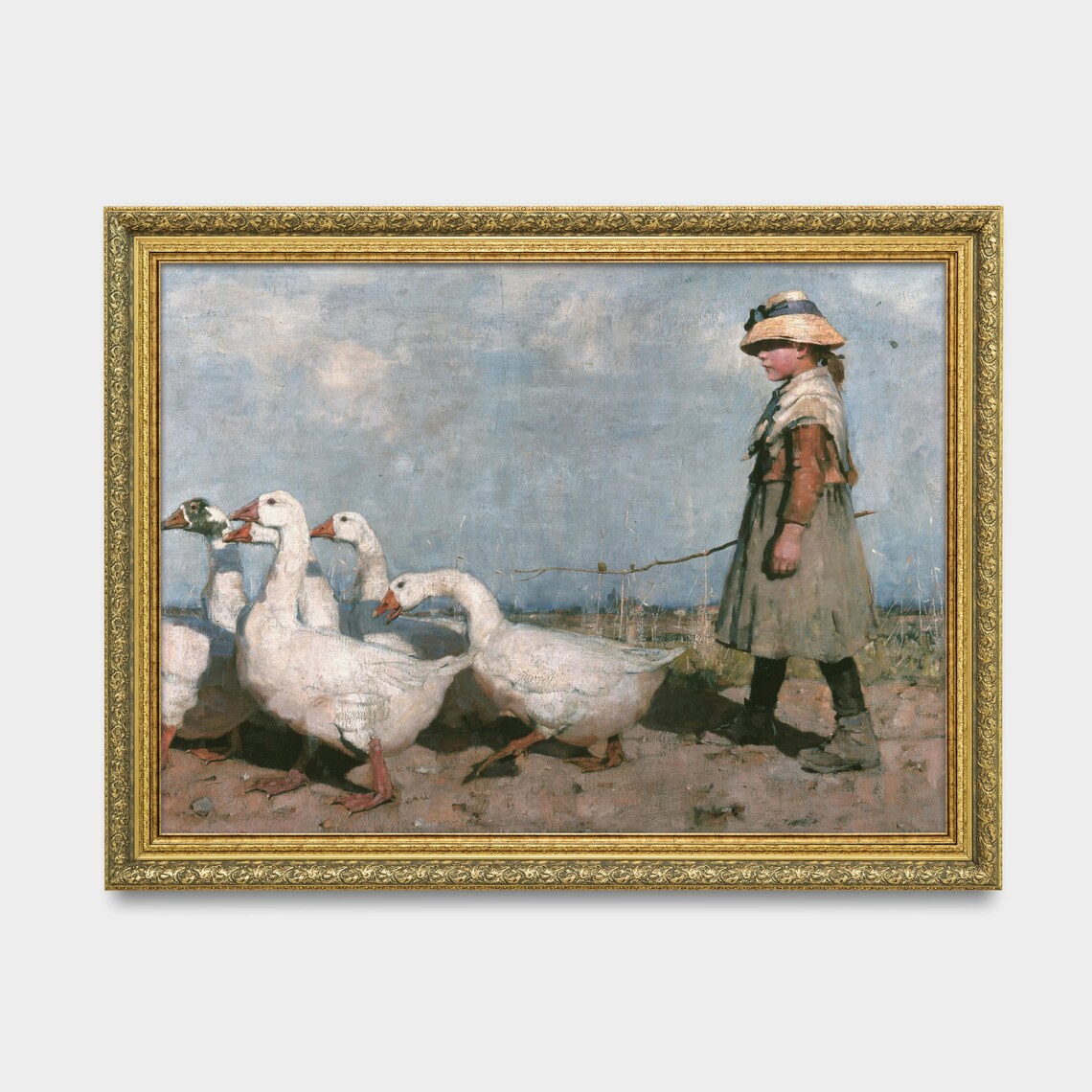 Vintage Goose Girl Herding White Geese Farm Painting Wall Poster - Image 3