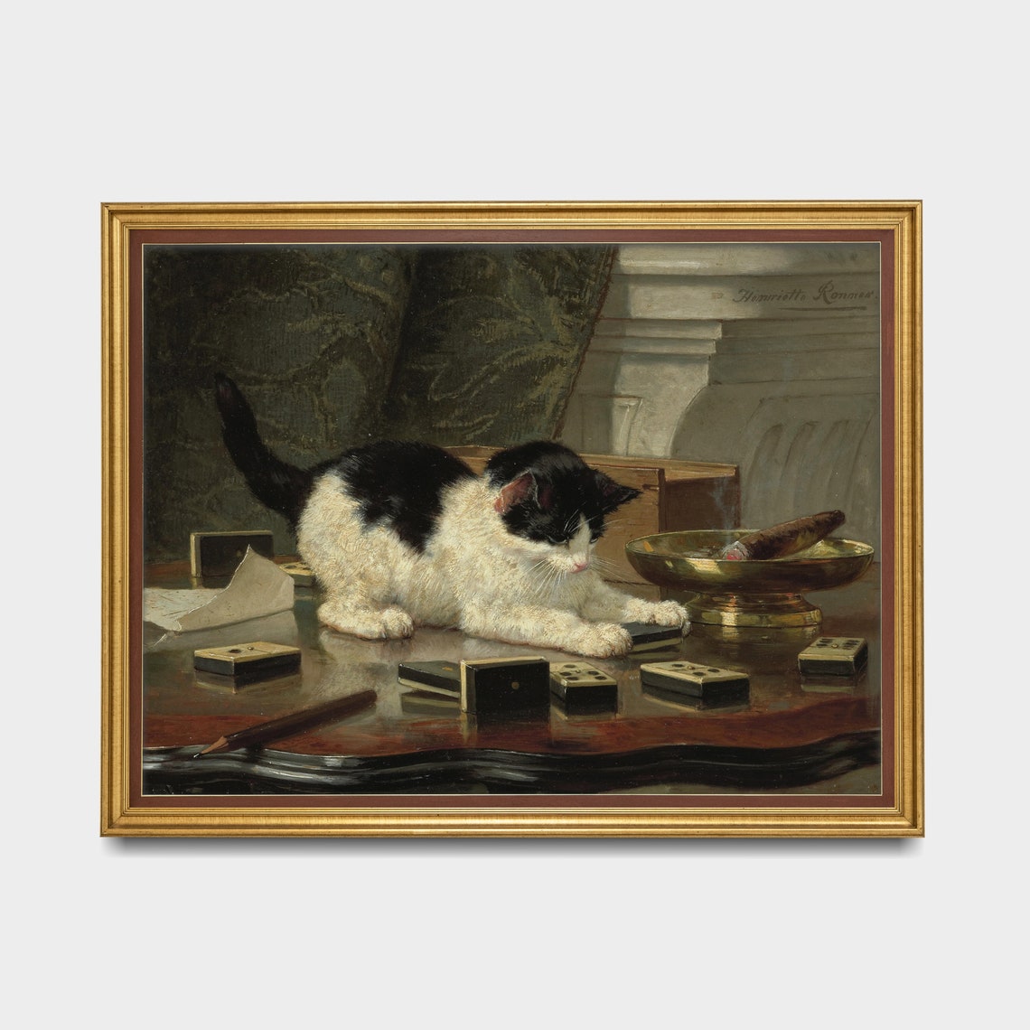 Kitten Playing with Dominoes by Henriette Ronner Vintage Poster - Image 5