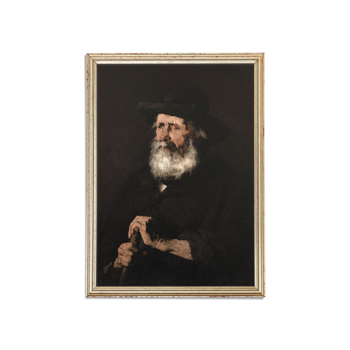 Old Bearded Man Black Hat Walking Stick Moody Oil Portrait Art Poster - Image 3