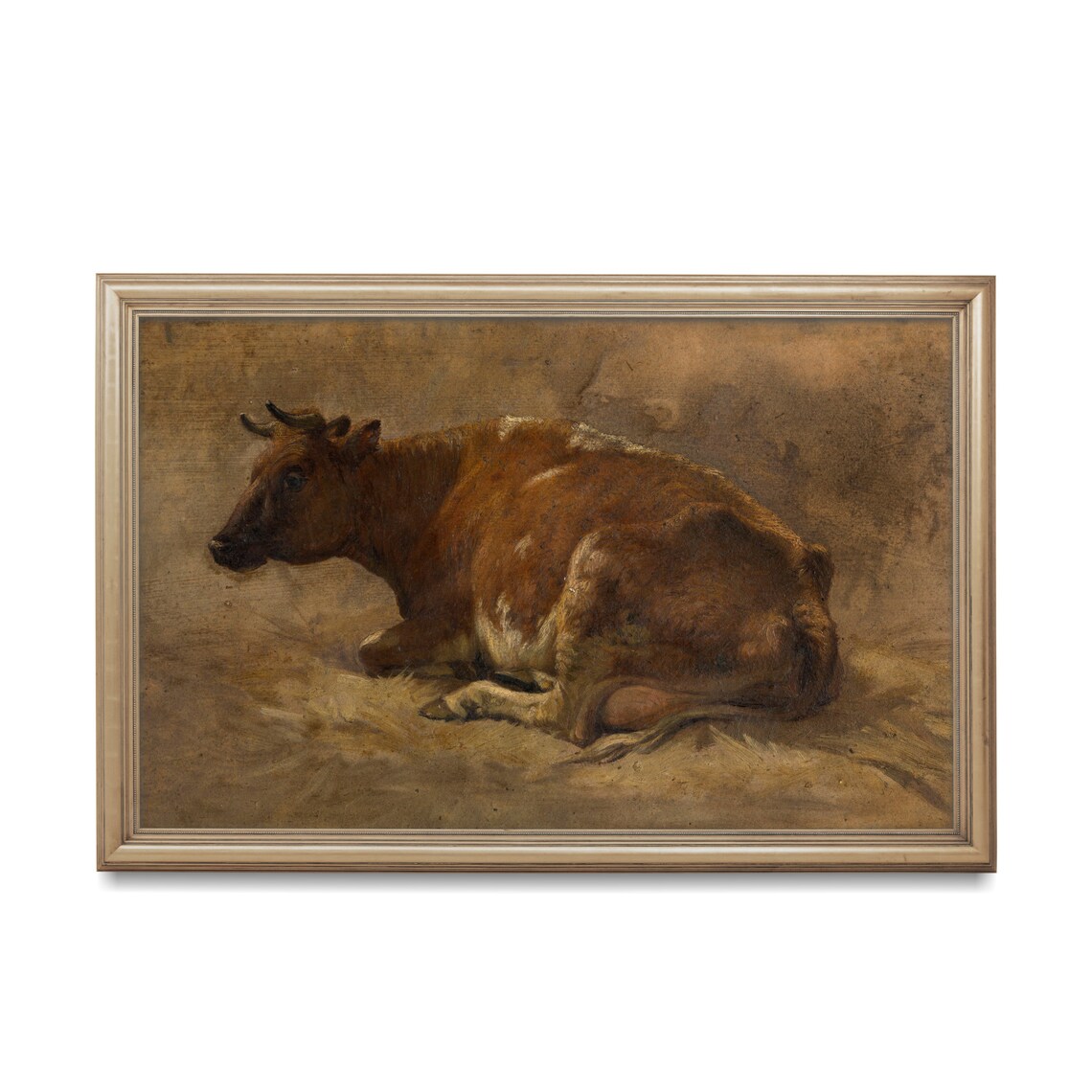 Resting Brown Cow Lying On Straw Vintage Farm Animal Art Poster - Image 2