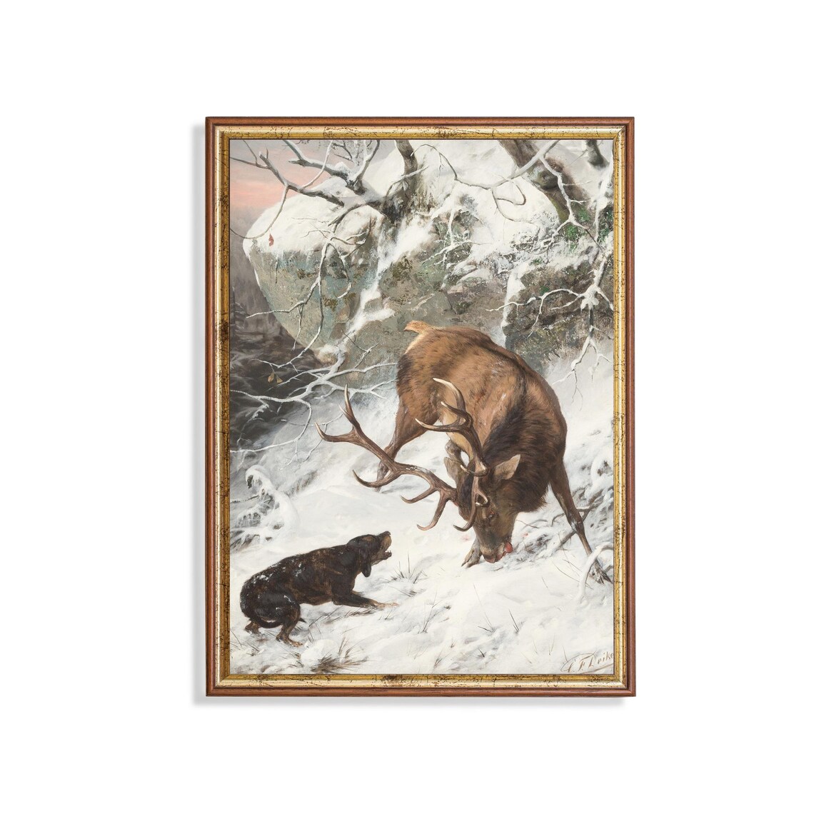 Snowy Forest Stag and Hound Antique Winter Hunting Art Poster