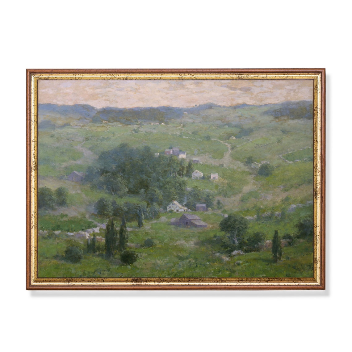 Impressionist Green Valley with Farmhouses Summer Landscape Print